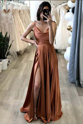 Simple A-line Spaghetti Straps Long Prom Dress With Slit, Evening Gown